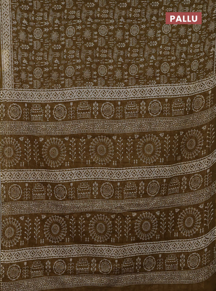 Kota doria saree mehendi green and cream with allover warli prints and printed border