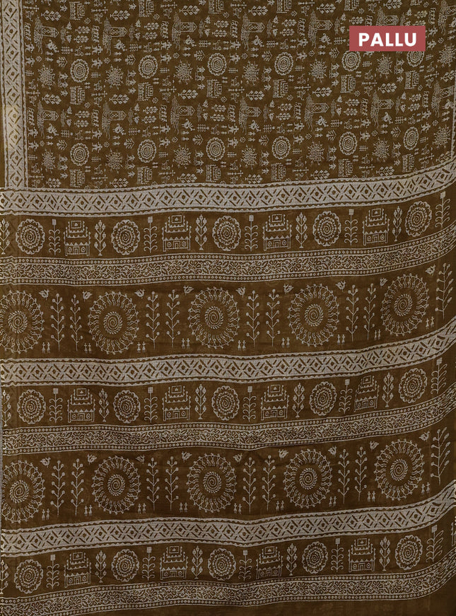Kota doria saree mehendi green and cream with allover warli prints and printed border