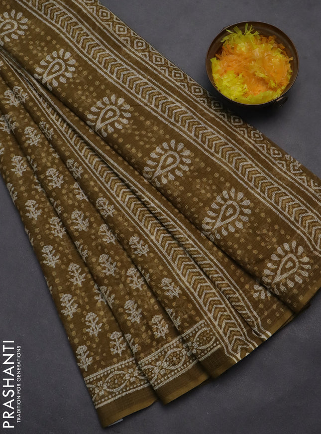 Kota doria saree mehendi green with allover dabu prints and printed border