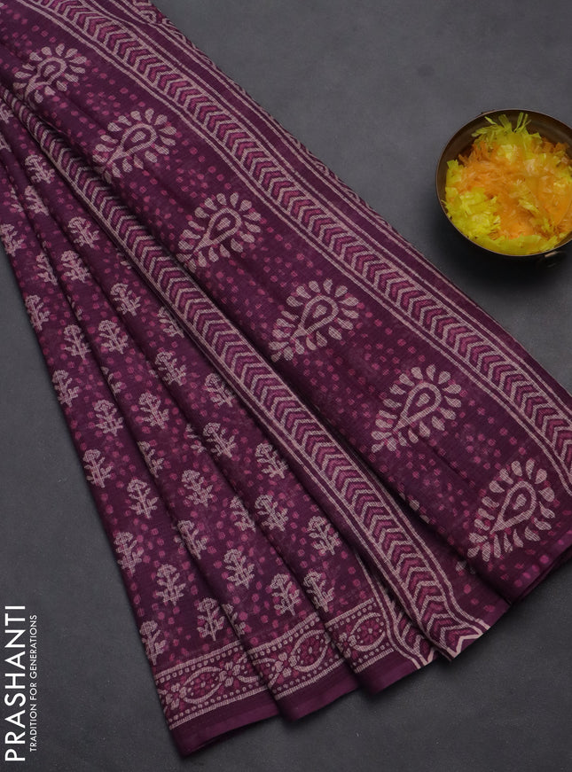 Kota doria saree purple with allover dabu prints and printed border