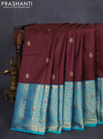 Bangalori silk saree deep maroon and teal green with zari woven buttas and long zari woven border and Butta style