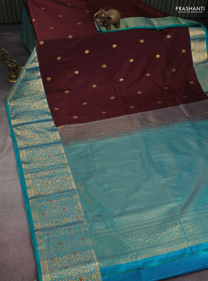 Bangalori silk saree deep maroon and teal green with zari woven buttas and long zari woven border and Butta style