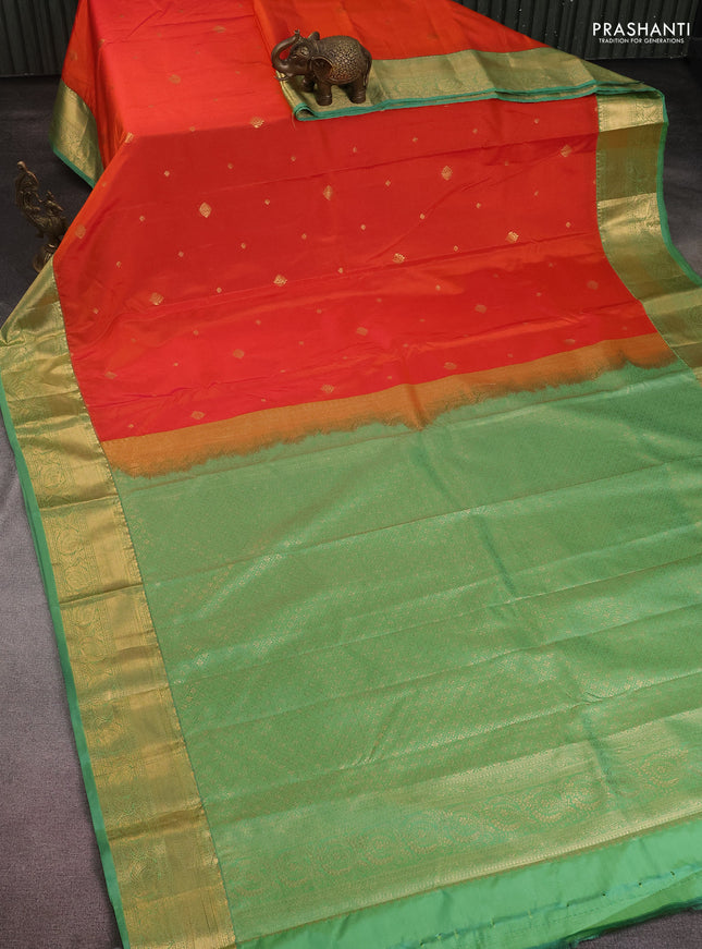 Bangalori silk saree orange and green shade with zari woven buttas and zari woven border and Butta style