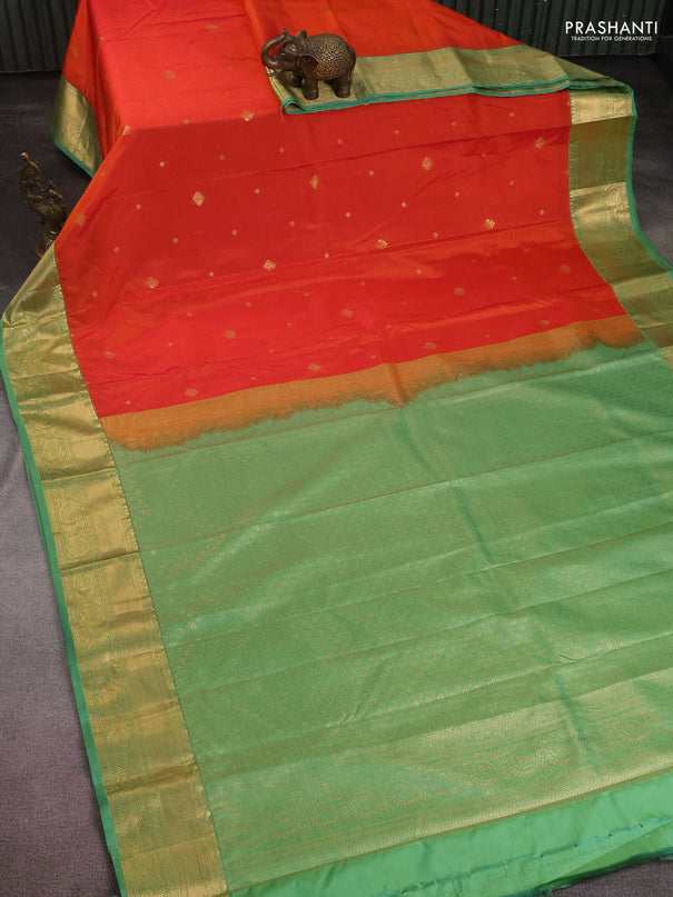 Bangalori silk saree orange and green shade with zari woven buttas and zari woven border and Butta style