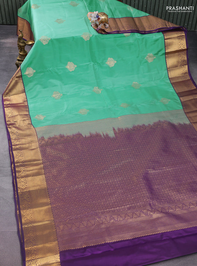 Bangalori silk saree teal blue and violet with zari woven buttas and rich zari woven border and Butta style