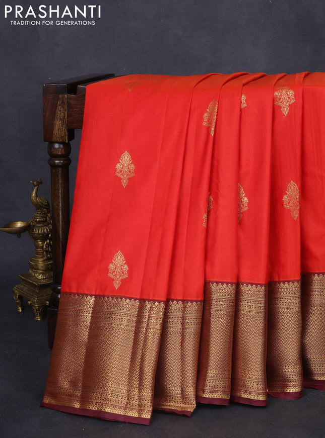 Bangalori silk saree orange and deep maroon with zari woven buttas and long zari woven border and Butta style