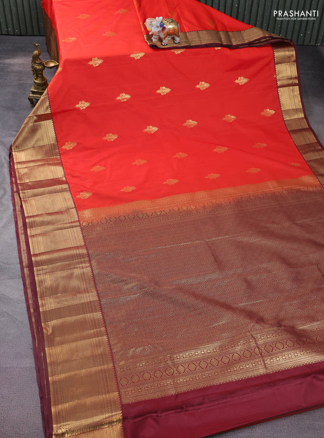 Bangalori silk saree orange and deep maroon with zari woven buttas and long zari woven border and Butta style