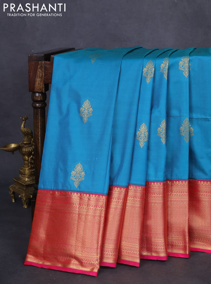 Bangalori silk saree teal blue and pink with zari woven buttas and long zari woven border and Butta style