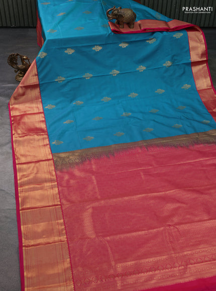 Bangalori silk saree teal blue and pink with zari woven buttas and long zari woven border and Butta style