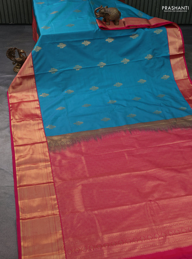 Bangalori silk saree teal blue and pink with zari woven buttas and long zari woven border and Butta style