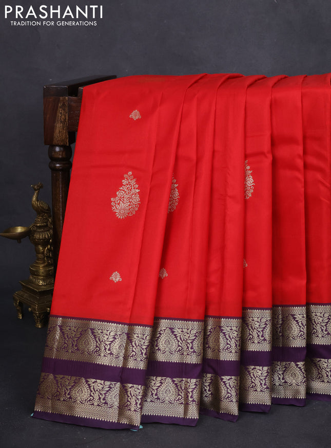 Bangalori silk saree red and deep violet with zari woven buttas and rettapet zari woven border and Butta style
