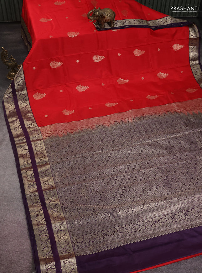 Bangalori silk saree red and deep violet with zari woven buttas and rettapet zari woven border and Butta style