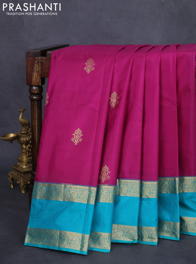 Bangalori silk saree purple and teal green shade with zari woven buttas and rettapet zari woven border and Butta style