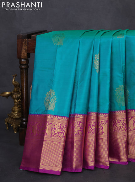 Bangalori silk saree teal green and purple with zari woven buttas and long zari woven border and Butta style
