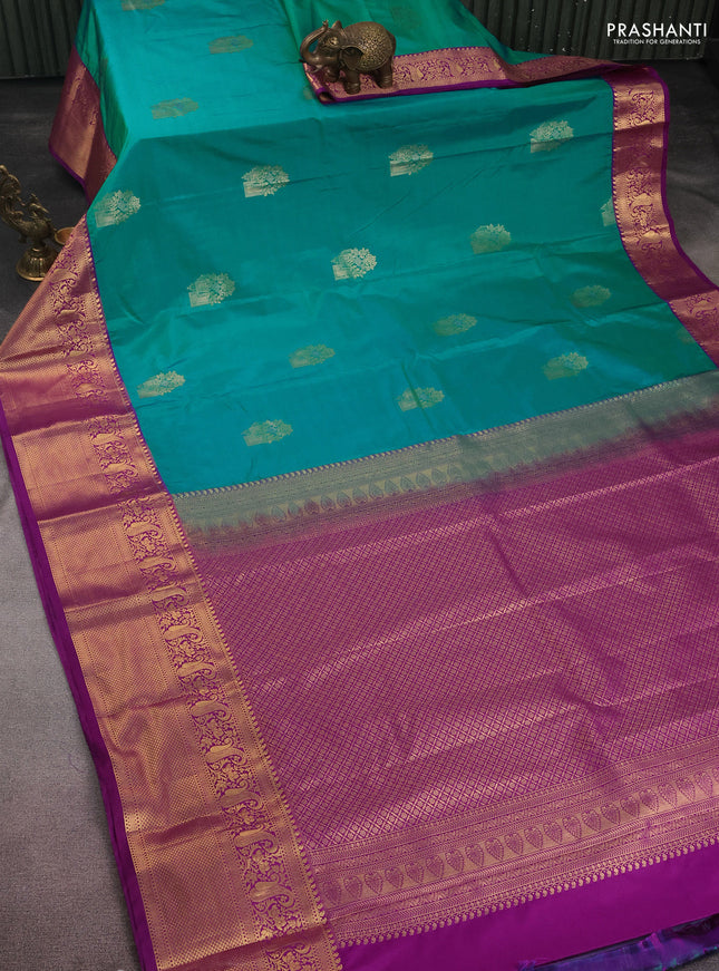 Bangalori silk saree teal green and purple with zari woven buttas and long zari woven border and Butta style