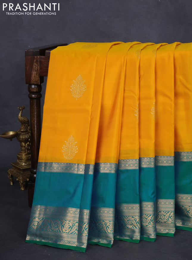 Bangalori silk saree yellow and teal blue with zari woven buttas and rettapet zari woven border and Butta style