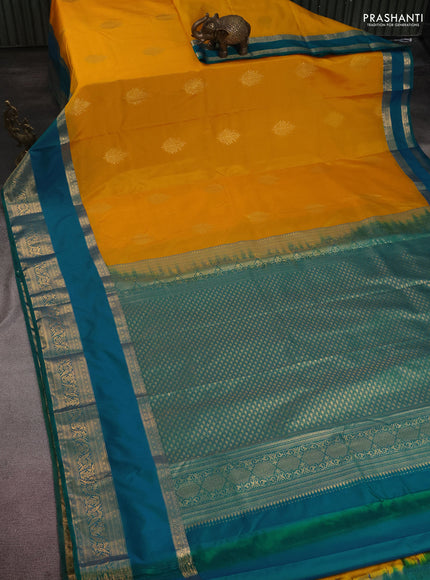 Bangalori silk saree yellow and teal blue with zari woven buttas and rettapet zari woven border and Butta style