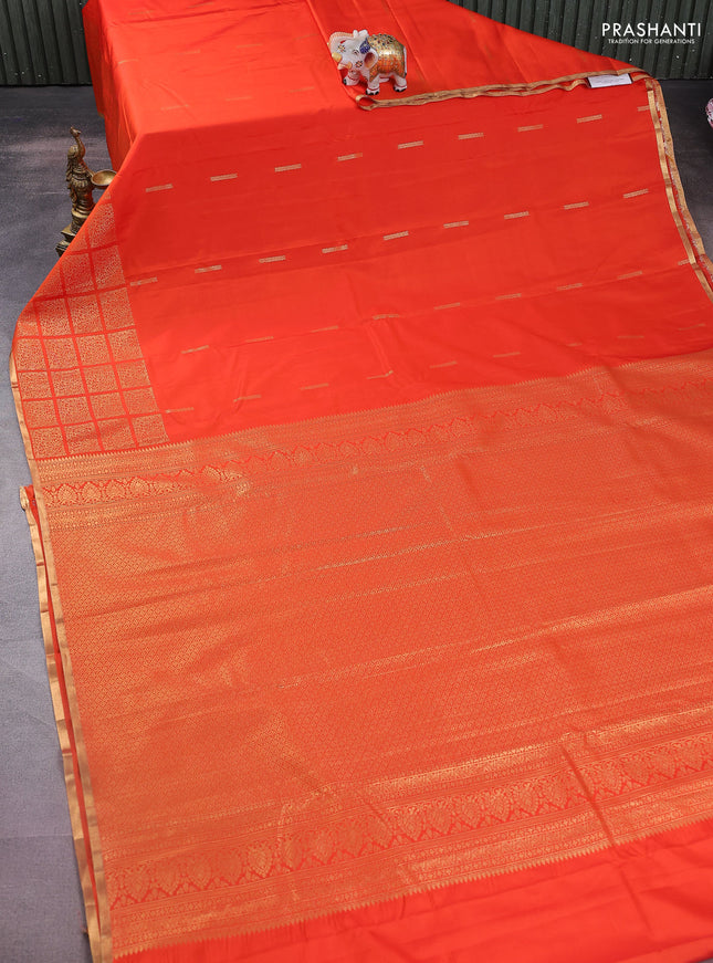 Bangalori silk saree orange with zari woven buttas and zari woven box type border and Butta style
