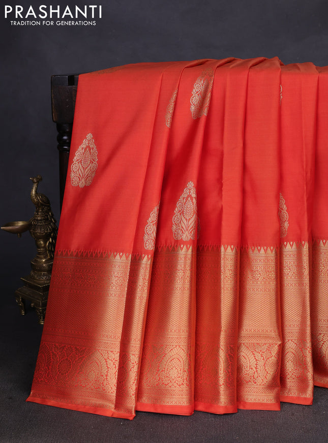 Bangalori silk saree sunset orange with zari woven buttas and long zari woven border and Butta style