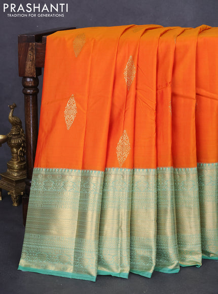 Bangalori silk saree orange and green shade with zari woven buttas and long zari woven border and Butta style