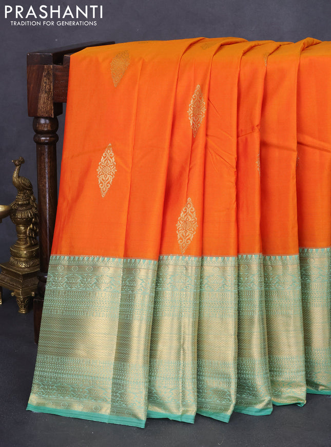 Bangalori silk saree orange and green shade with zari woven buttas and long zari woven border and Butta style