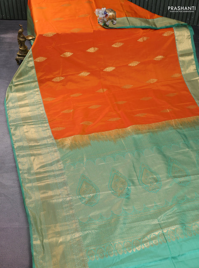 Bangalori silk saree orange and green shade with zari woven buttas and long zari woven border and Butta style