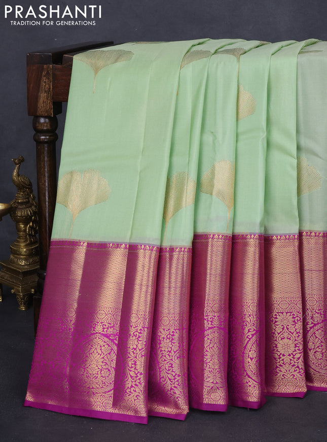 Bangalori silk saree pastel green and purple with zari woven buttas and long zari woven border and Butta style