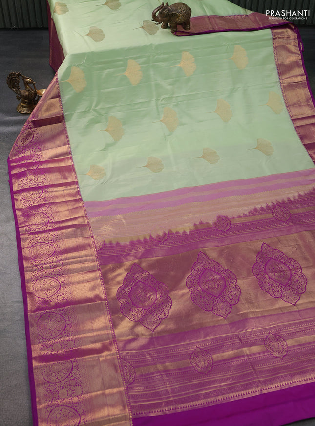 Bangalori silk saree pastel green and purple with zari woven buttas and long zari woven border and Butta style