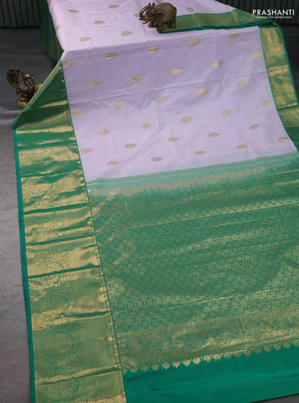 Bangalori silk saree pastel lavender and green with zari woven buttas and long zari woven border and Butta style