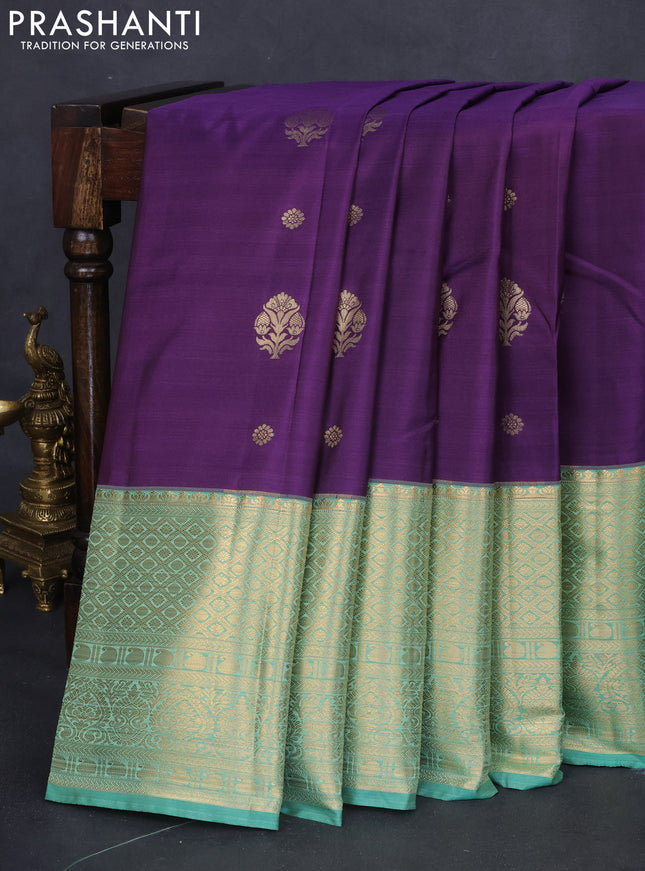 Bangalori silk saree deep violet and teal green shade with zari woven buttas and long zari woven border and Butta style