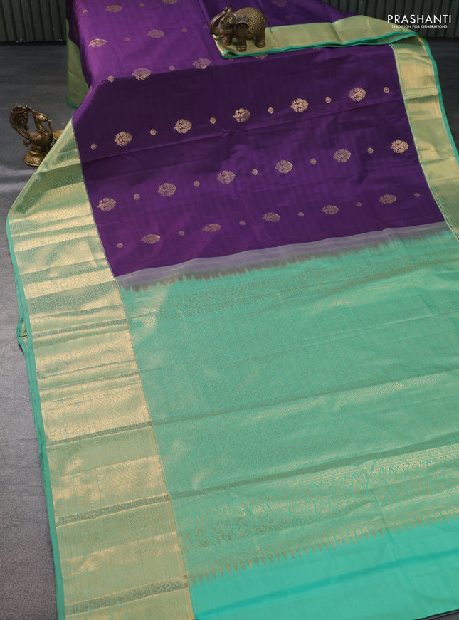 Bangalori silk saree deep violet and teal green shade with zari woven buttas and long zari woven border and Butta style