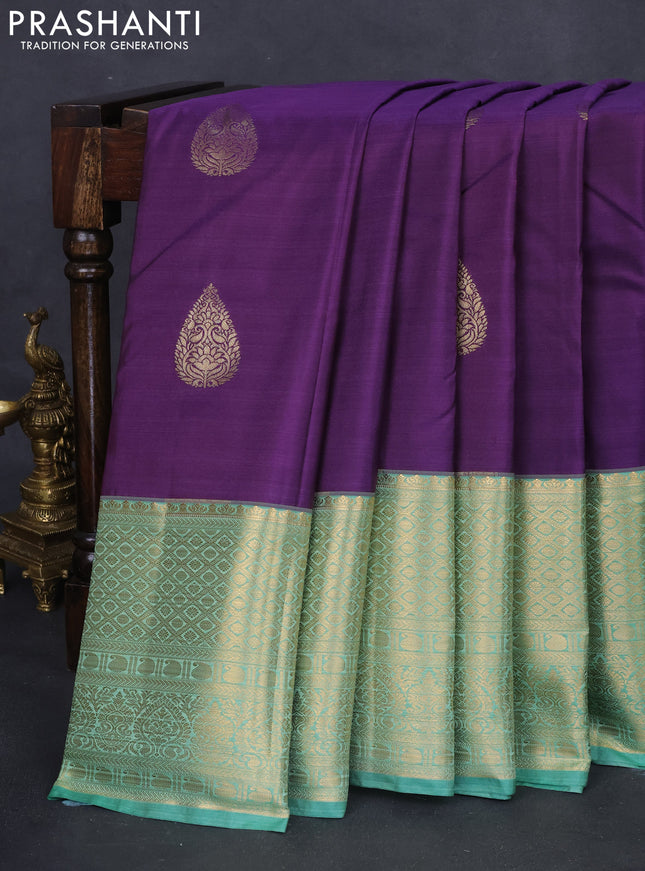 Bangalori silk saree deep violet and teal green with zari woven buttas and long zari woven border and Butta style