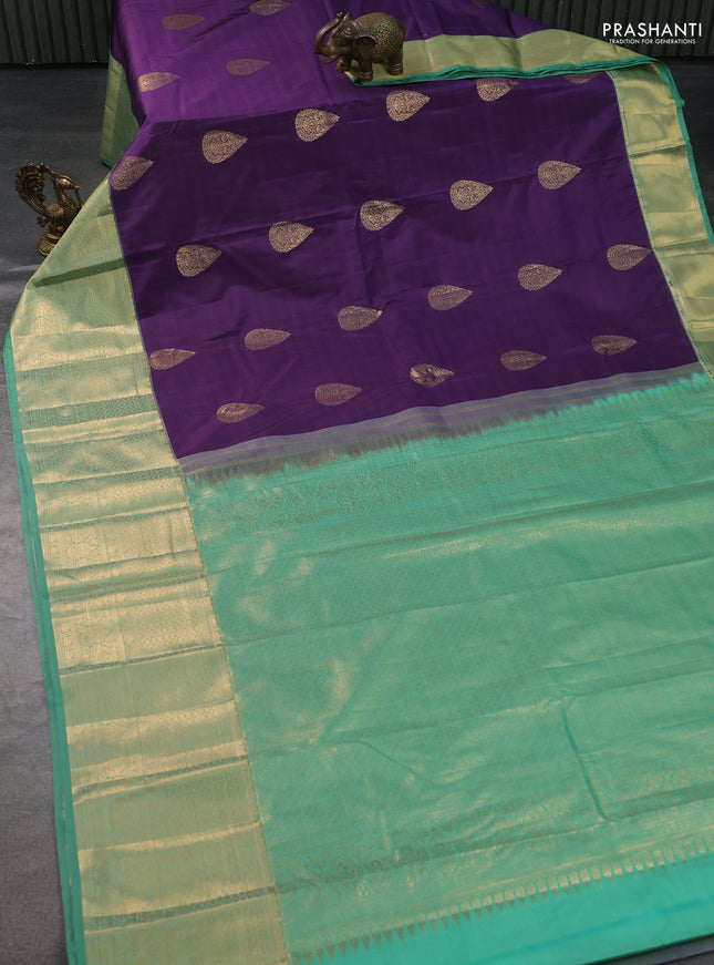 Bangalori silk saree deep violet and teal green with zari woven buttas and long zari woven border and Butta style