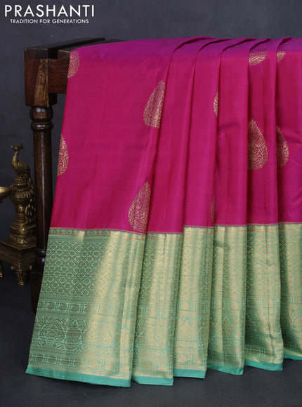 Bangalori silk saree purple and teal green with zari woven buttas and long zari woven border and Butta style