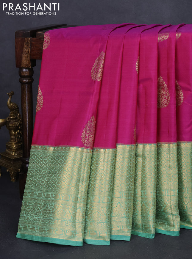 Bangalori silk saree purple and teal green with zari woven buttas and long zari woven border and Butta style