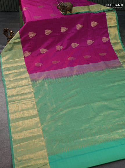 Bangalori silk saree purple and teal green with zari woven buttas and long zari woven border and Butta style
