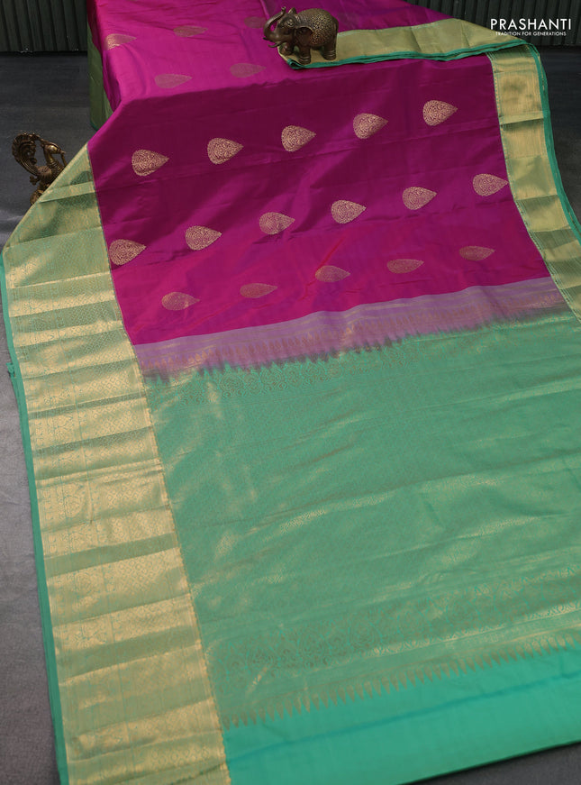 Bangalori silk saree purple and teal green with zari woven buttas and long zari woven border and Butta style