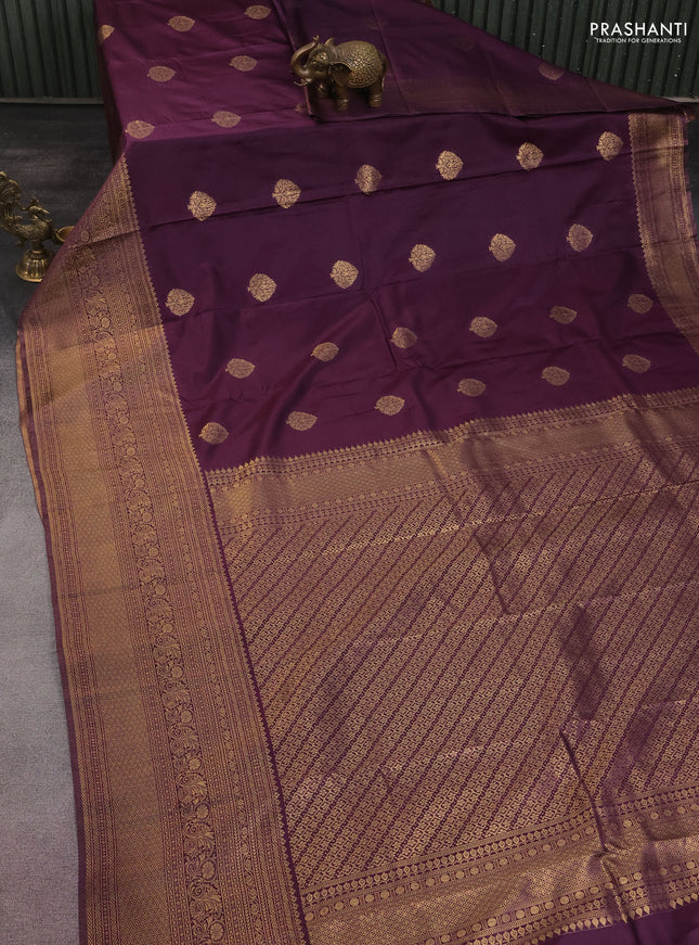 Bangalori silk saree deep jamun shade with zari woven buttas and long zari woven border and Butta style