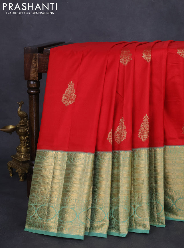 Bangalori silk saree red and teal green with zari woven buttas and long zari woven border and Butta style