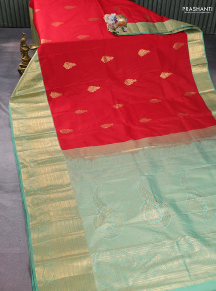 Bangalori silk saree red and teal green with zari woven buttas and long zari woven border and Butta style