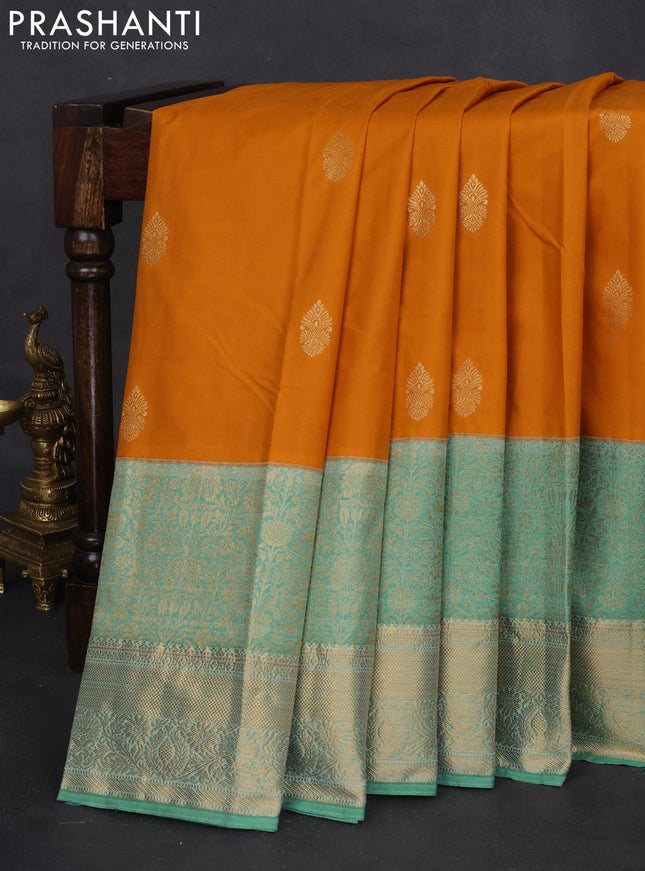 Bangalori silk saree orange and teal green with zari woven buttas and long zari woven border and Butta style