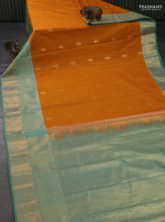 Bangalori silk saree orange and teal green with zari woven buttas and long zari woven border and Butta style