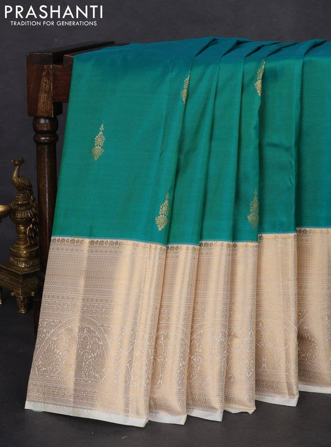 Bangalori silk saree green and cream with zari woven buttas and long zari woven border and Butta style