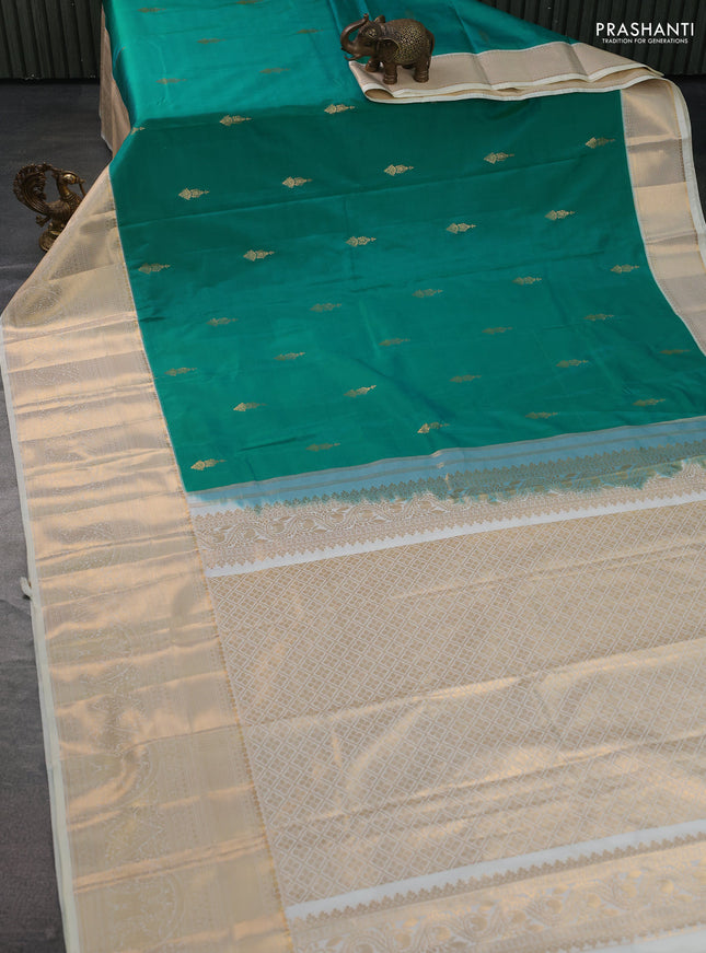 Bangalori silk saree green and cream with zari woven buttas and long zari woven border and Butta style