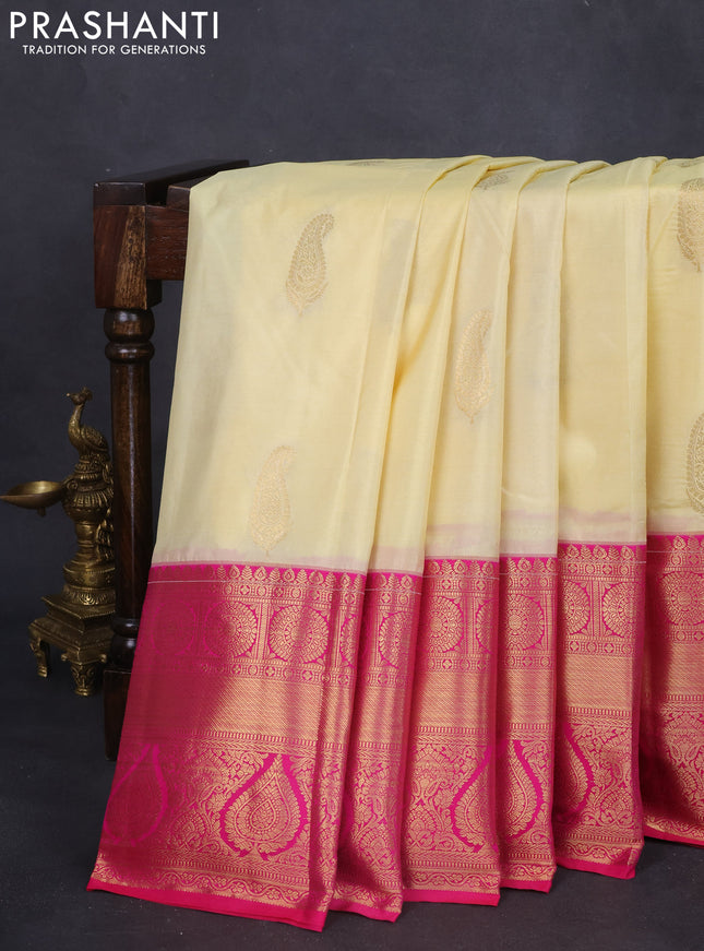 Bangalori silk saree cream and pink with zari woven buttas and long zari woven border and Butta style