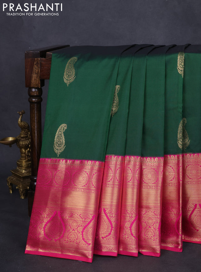 Bangalori silk saree green and pink with zari woven buttas and long zari woven border and Butta style
