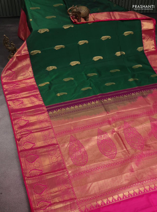 Bangalori silk saree green and pink with zari woven buttas and long zari woven border and Butta style