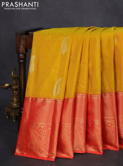 Bangalori silk saree mustard yellow and orange with paisley zari woven buttas and long zari woven border and Butta style