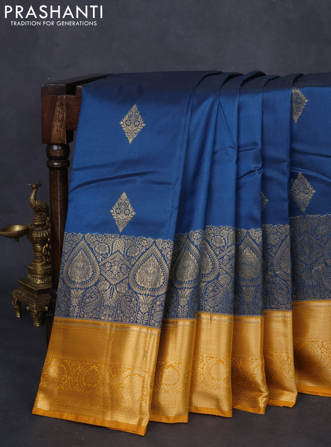 Bangalori silk saree peacock blue and mustard yellow with zari woven buttas and long zari woven border and Butta style