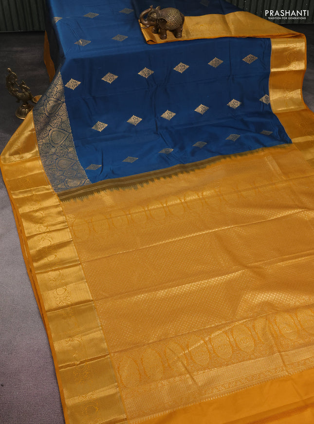 Bangalori silk saree peacock blue and mustard yellow with zari woven buttas and long zari woven border and Butta style